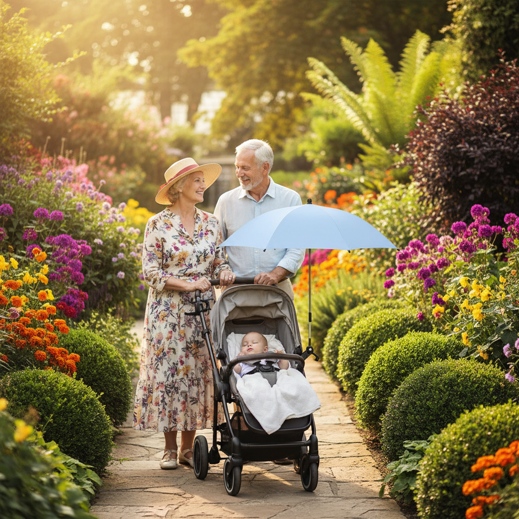 Mamie et  papi visite le jardin botanique avec leur petit fils qui dors dans sa poussette protégé par l'ombrelle bleu ciel
