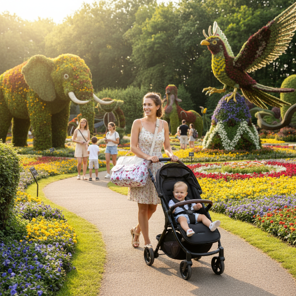 Maman et bébé au mosaïculture. Elle porte le sac au motif de St-Valentin