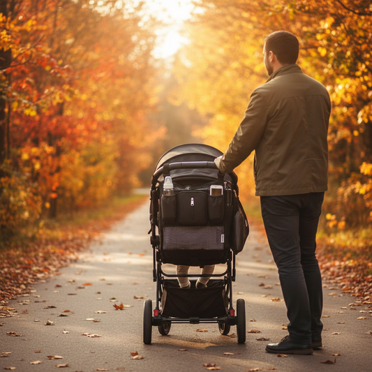 Lifestyle organisateur poussette - papa sentier automne