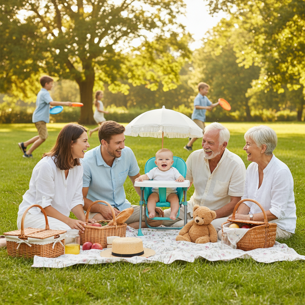 Lifestyle parasol pique-nique familial bébé protéger par le parasol installer sur sa chaise haute portable