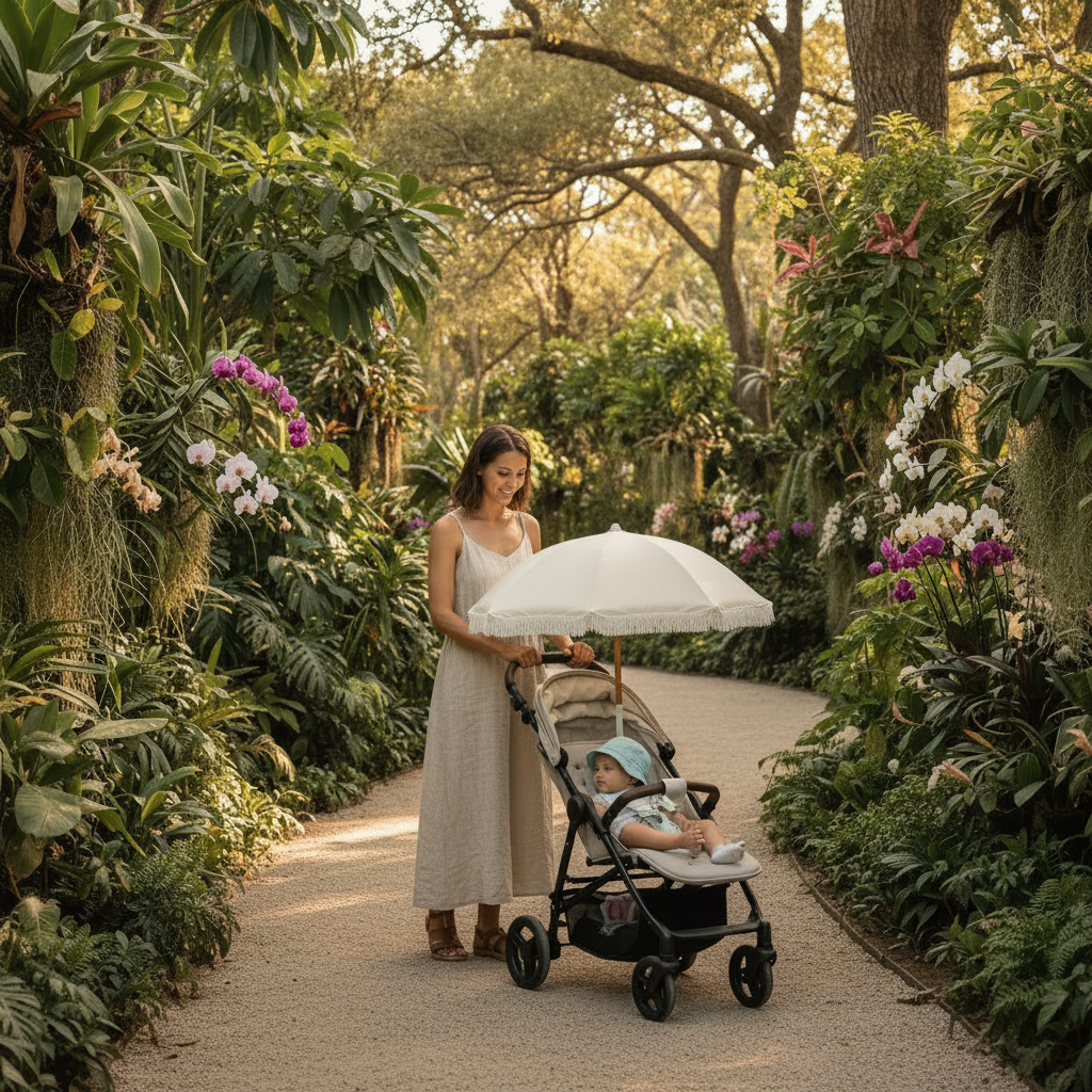 Lifestyle parasol poussette jardin botanique
