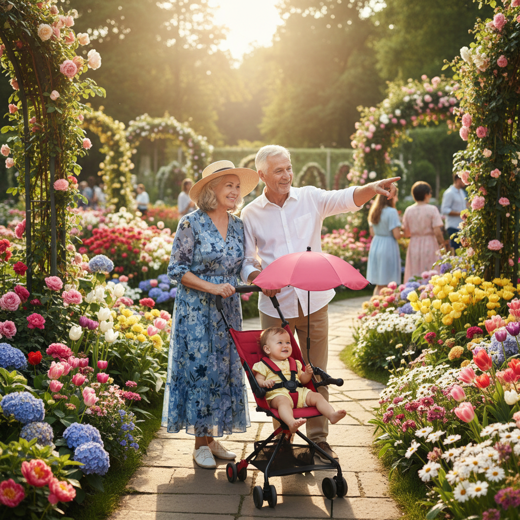 Lifestyle parasol rose-rouge - floralies avec papi et mamie