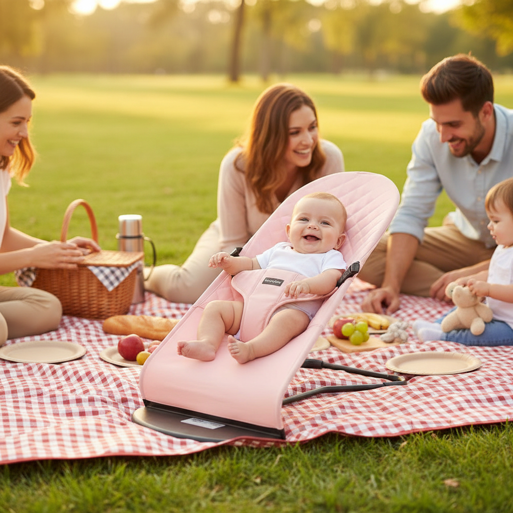 Bébé dans son  transat rose lors d'un pique-nique au parc en famille