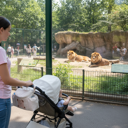 Sac pour poussette couleur ivoire bébé visite le zoo avec maman. Il regarde les lions qui se reposent