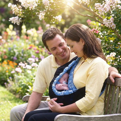 Maman assis sur un banc au jardin floralie avec bebe dans son écharpe