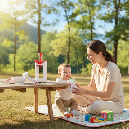 Maman a préparé un sachet de purée avec le bol broyeur et a mis en sachet avec la station un emplacement au camping et l'offre à son bébé.