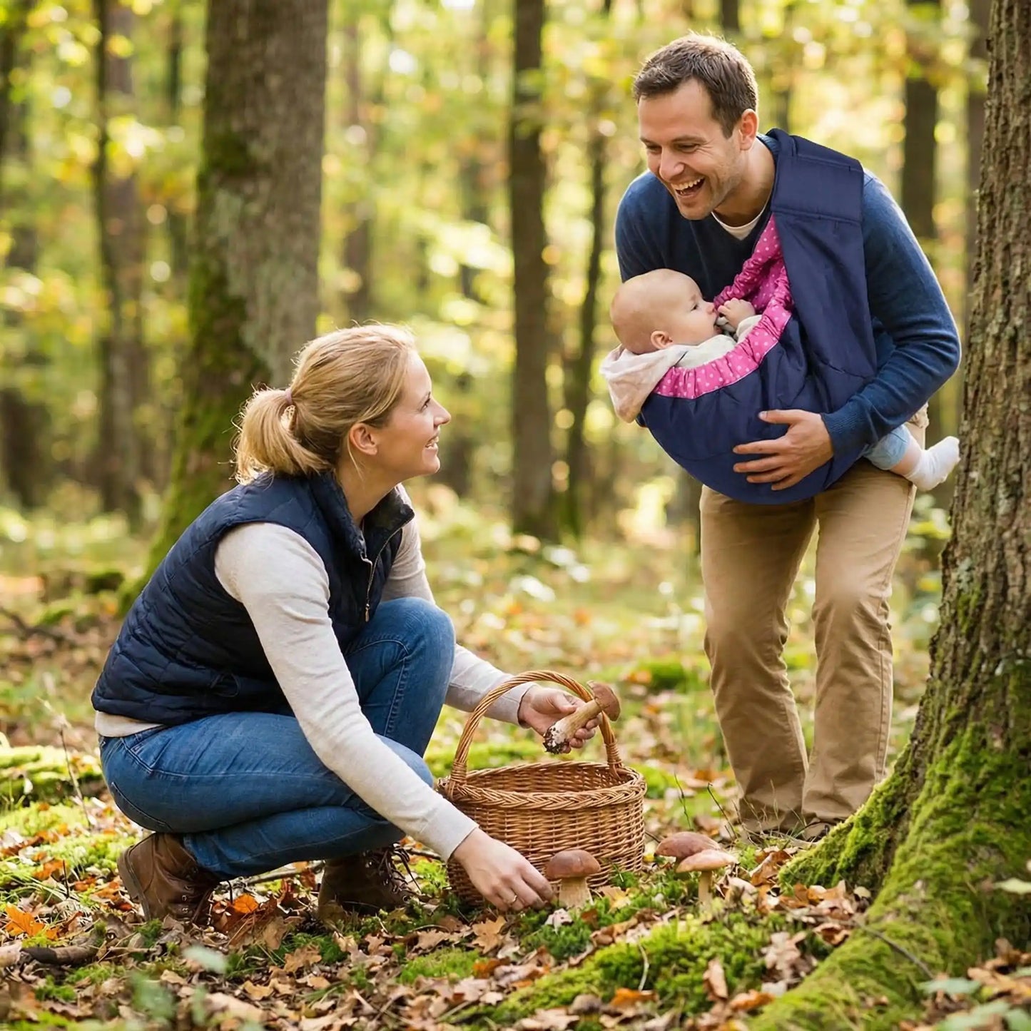 Maman qui ramasse des champignons avec papa  qui porte bebe