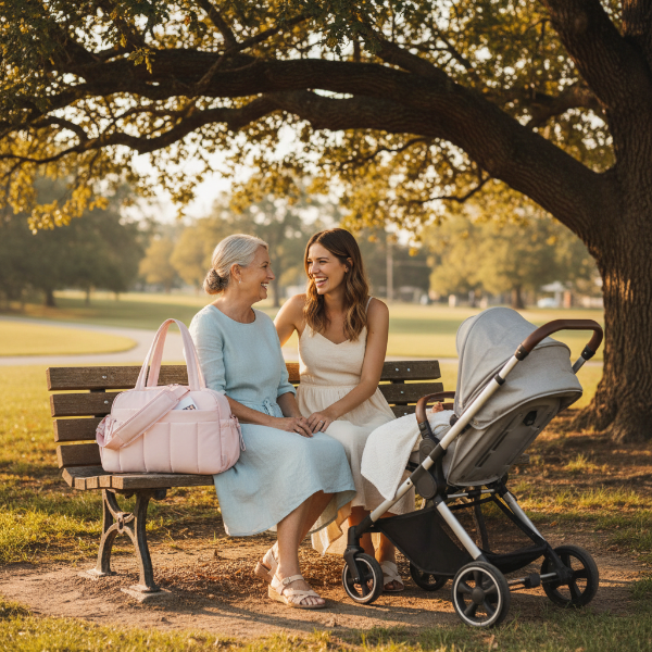 Mamie et maman discute sur un banc au parc pendant que bébé sommeil dans sa poussette le sac à langer rose sur le banc. 