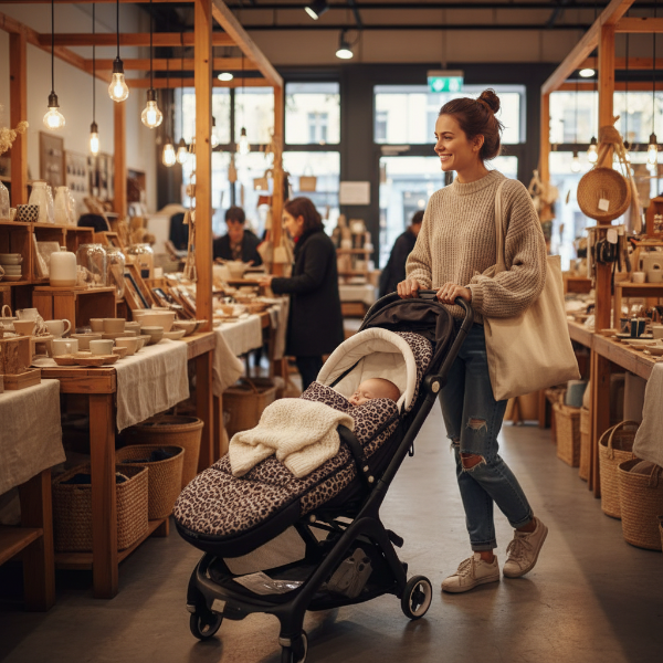 Maman au marché artisanal bébé dans sa chancelière poussette motif léopard