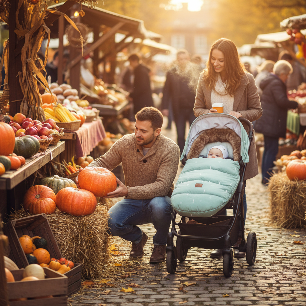 Marché d'automne frisquet bébé dans sa chancelière vert menthe avec des formes géométriques triangulaire.  Papa et maman choisis une citrouille.