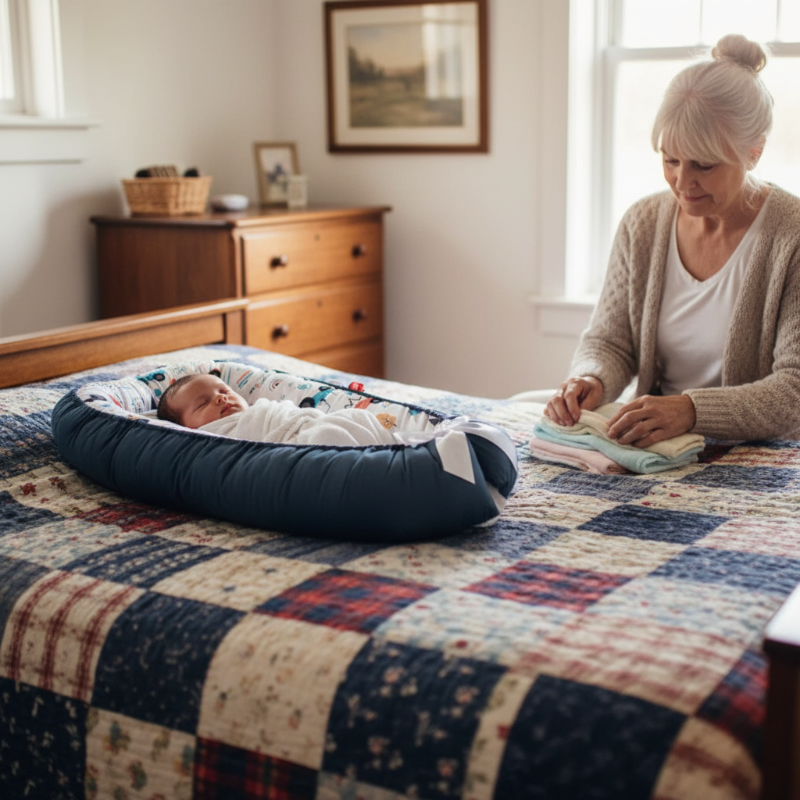 Bébé dors dans son nid sur le lit de mamie pendant qu'elle plie son linge