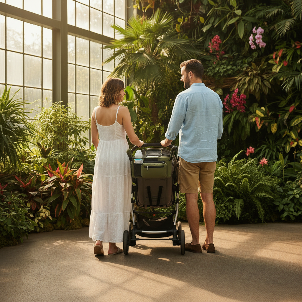 Organisateur poussette vert – vue de derrière serre tropicale