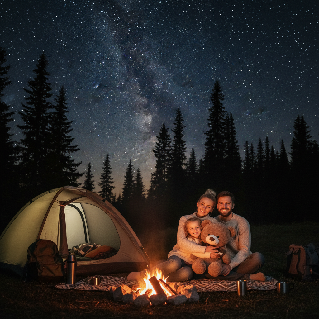 Nuit étoilé au camping famille réuni sur un tapis de sol petite fille au centre avec son ours en peluche devant un feu de camps