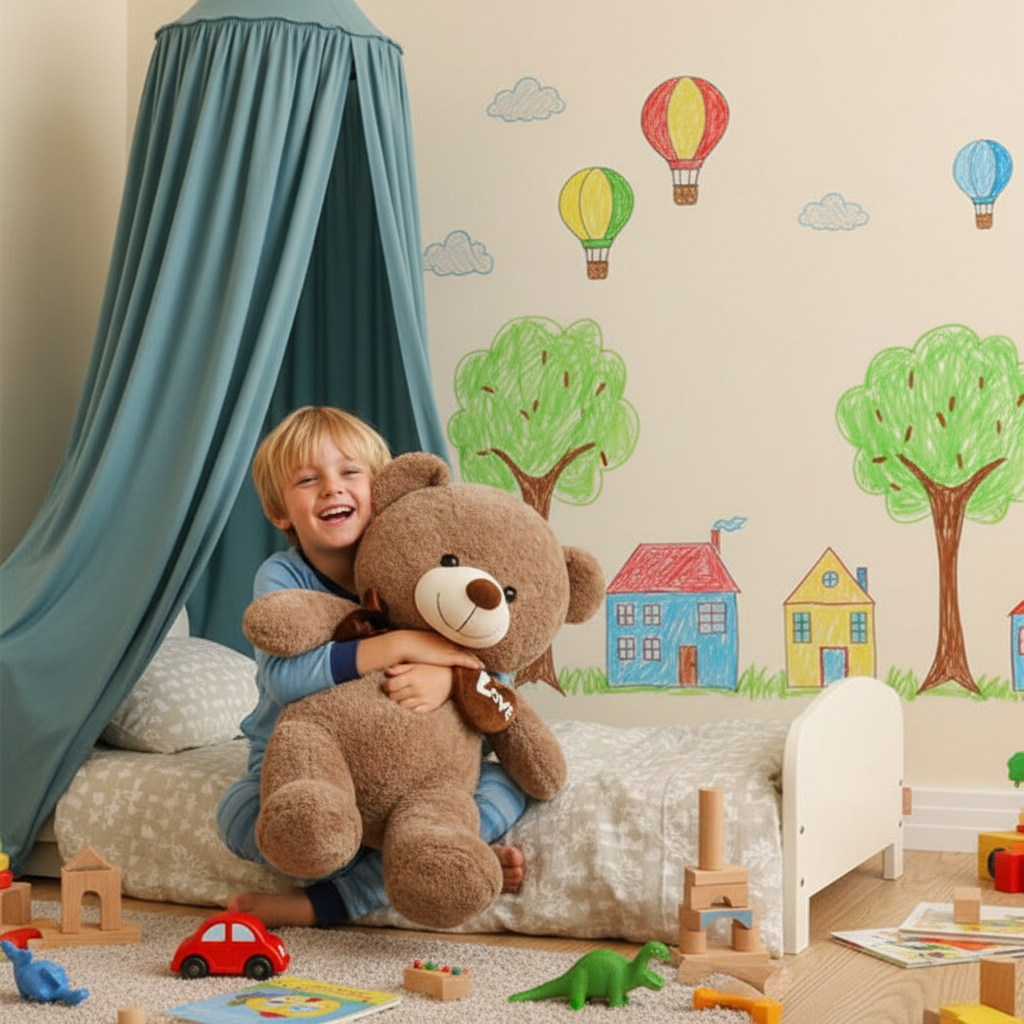 Petit garçon assis sur son lit avec son ours en peluche 