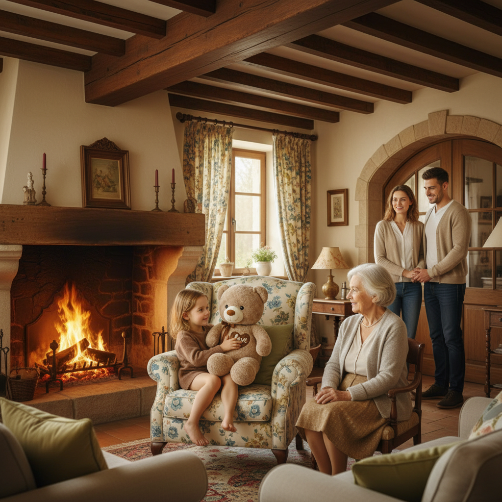 Famille réuni dans le salon au chalet petite fille joue avec son ours en peluche près de grand maman et parent