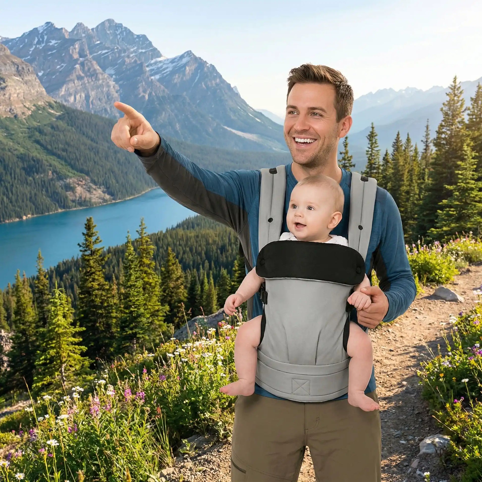 Papa a la montagne avec bebe dans le Porte-bebe physiologique