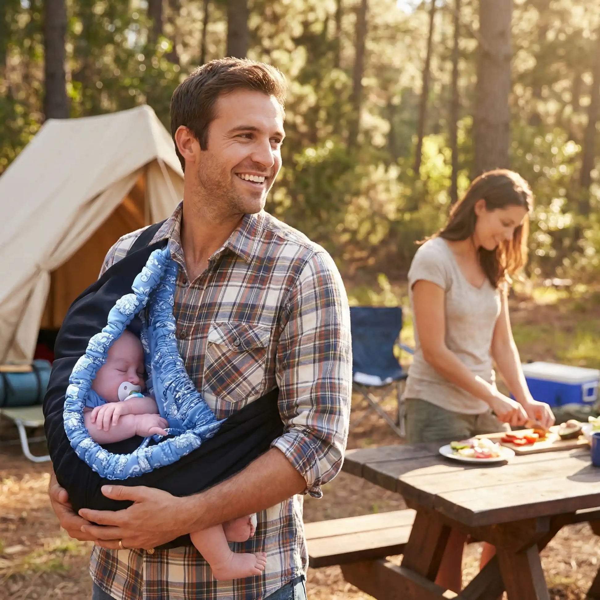 Papa au camping bebe endormie dans son écharpe et maman prépare le repas