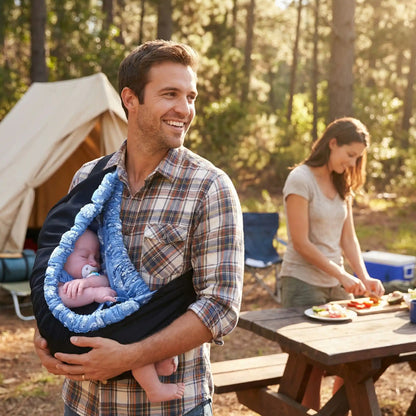 Papa au camping bebe endormie dans son écharpe et maman prépare le repas