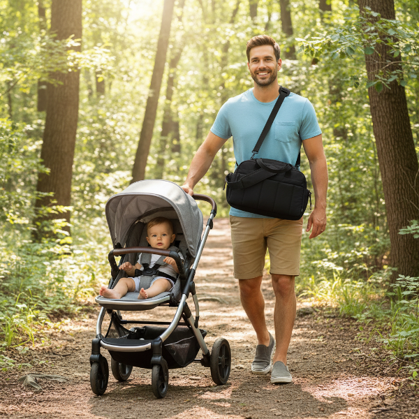 Papa en randonnée avec bébé portant le sac à langer noir sur l'épaule