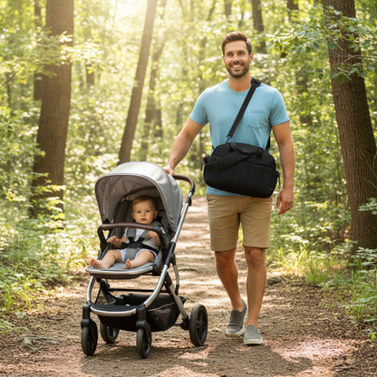Papa en randonnée avec bébé portant le sac à langer noir sur l'épaule