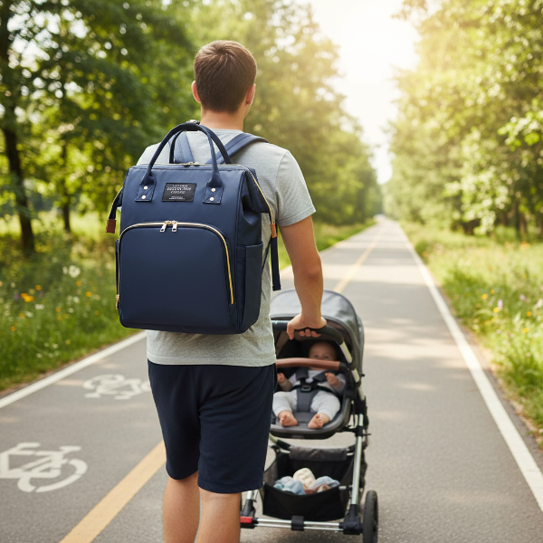 Sac à dos à langer porter par papa sur la piste multifonctionnelle