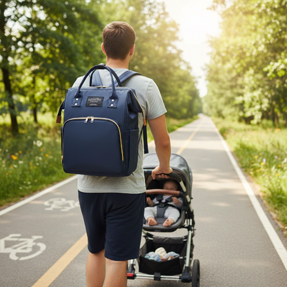 Sac à dos à langer porter par papa sur la piste multifonctionnelle