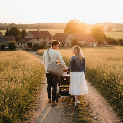 Papa porte le sac en bandoulière avec maman à ses côté et bébé dans la poussette lors d'une marche au coucher de soleil en campagne