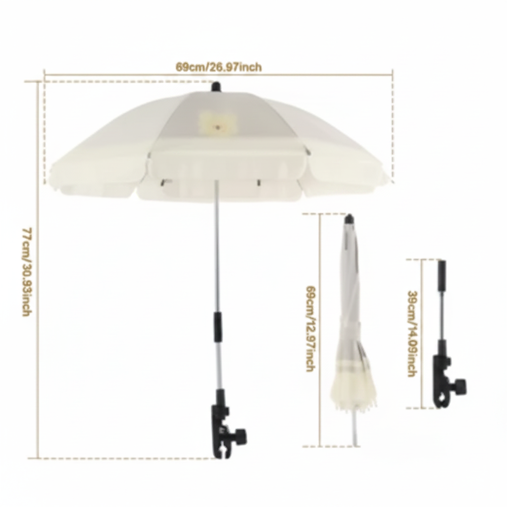 Mesure du parapluie/parasol ouvert, pliée et le manche
