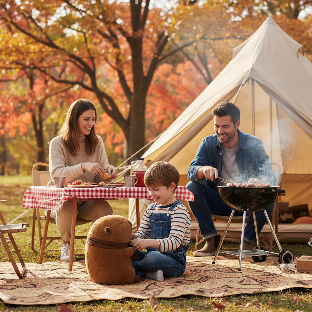 Garçon jouant avec son capybara sur un tapis de sol au camping pendant que maman met la table et papa fait le BBQ en une belle journée d'automne