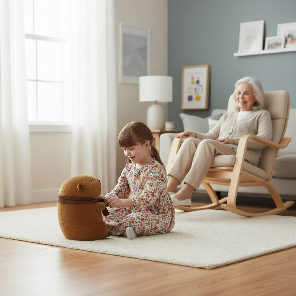 Petit fillejouant avec sa peluche capybara dans le salon chez mamie. Mamie se berce dans sa chaise berçante 