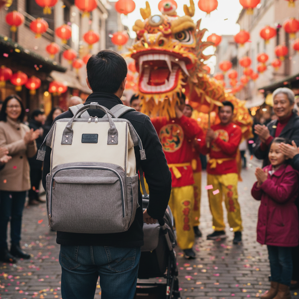 Papa porte le sac à dos à langer et bébé dans sa poussette au festival du nouvel an chinois.