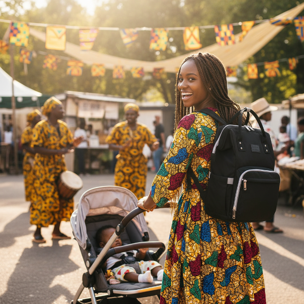 Maman porte le sac à dos à langer noir au festival africain