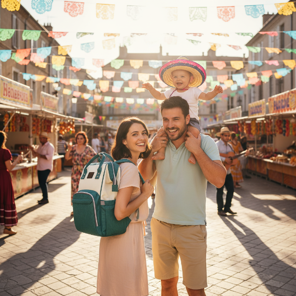 Papa porte bébé sur ses épaule et maman le sac à dos à langer vert et blanc au  festival mexicain