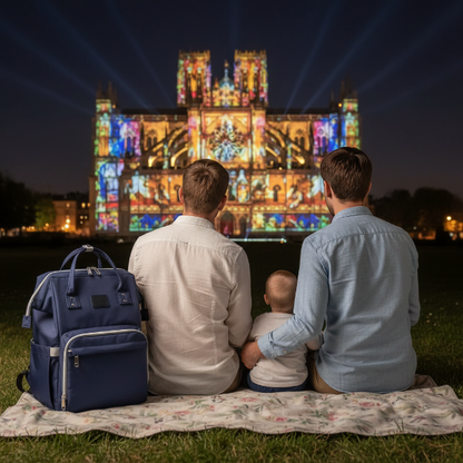 Papa et bébé au son et lumière le sac à dos à langer bleu poser sur le tapis de sol 