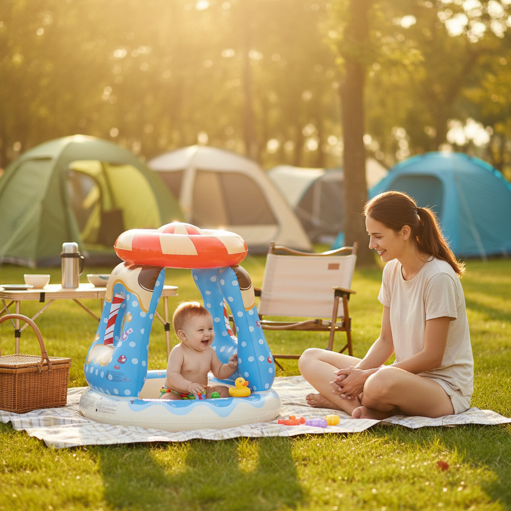 Bébé jouant dans sa piscine, maman  le surveille, au camping sous le soleil de l'après-midi