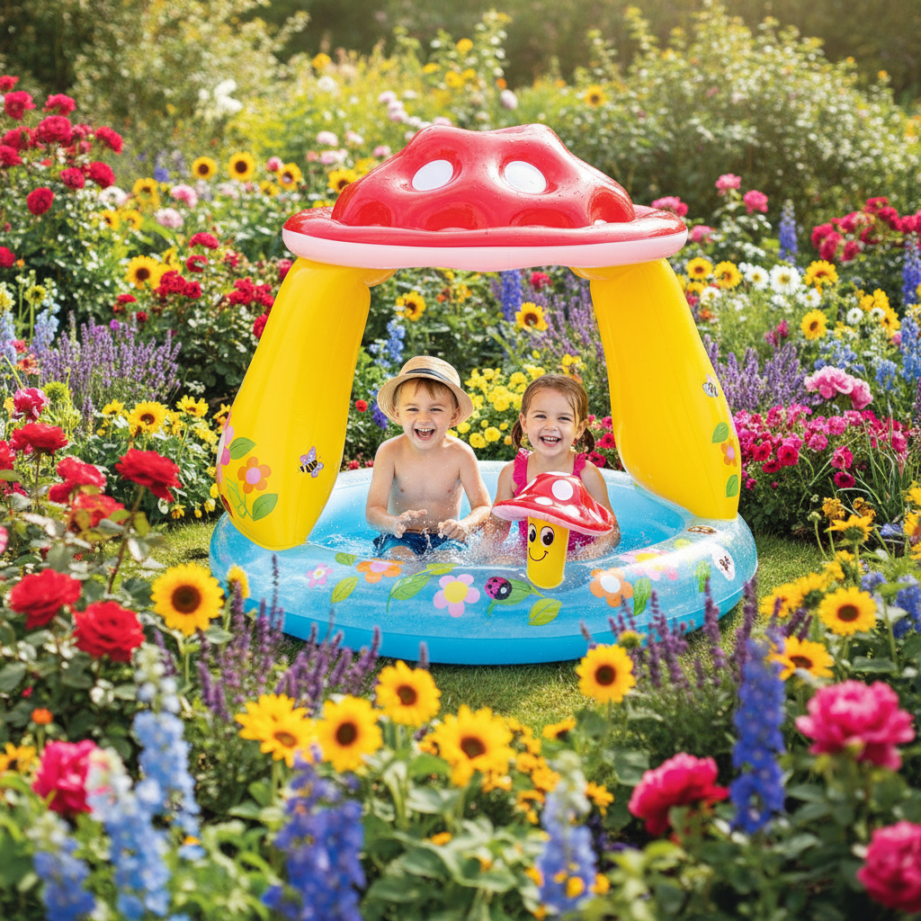 Piscine gonflable champignon enfants jouent 