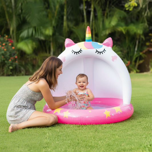 Piscine gonflable licorne auvent Maman surveille bebe