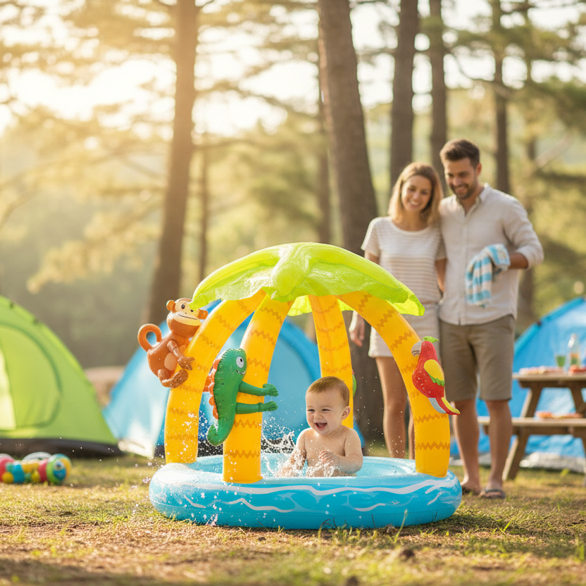 Piscine gonflable tropical bebe se baigne parents surveille