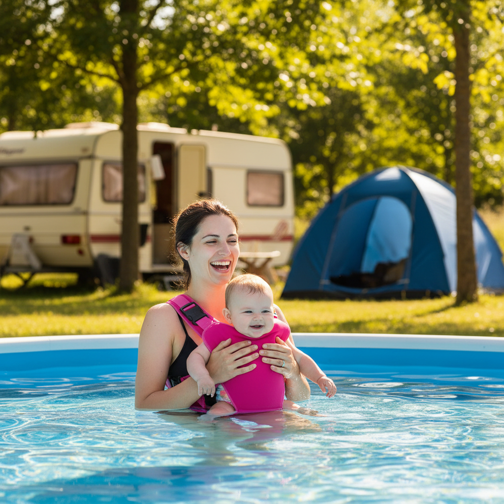 Maman et bébé dans le porte-bébé dans la piscine au camping en été.  Arbre en feuille et roulotte et tente en arrière plan