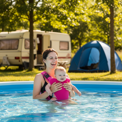 Maman et bébé dans le porte-bébé dans la piscine au camping en été.  Arbre en feuille et roulotte et tente en arrière plan