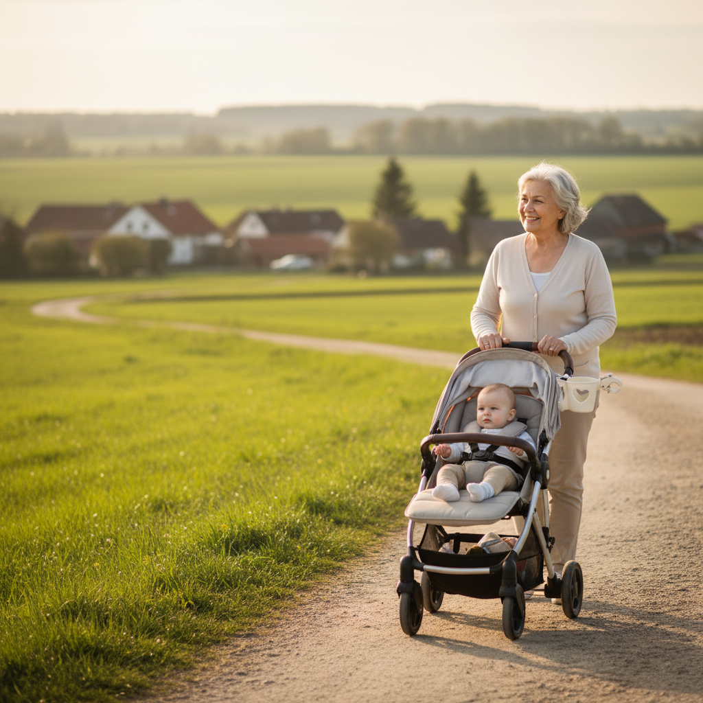 Porte-gobelet cœur beige – lifestyle mamie balade en campagne avec bébé dans sa poussette. 