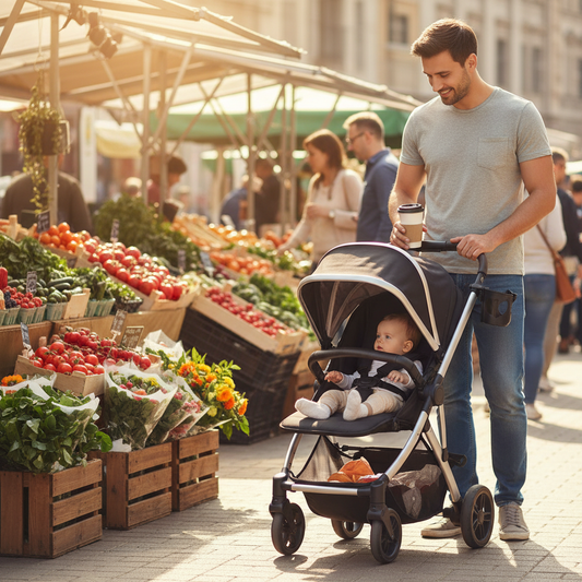 Porte-gobelet cœur noir – lifestyle papa marché avec son café à la main et bébé dans sa poussette.