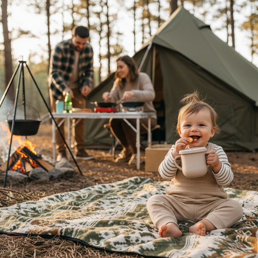 Bébé au camping qui mange ses cookies sortie du pot sur la couverture pendant que ses parents prépare le repas