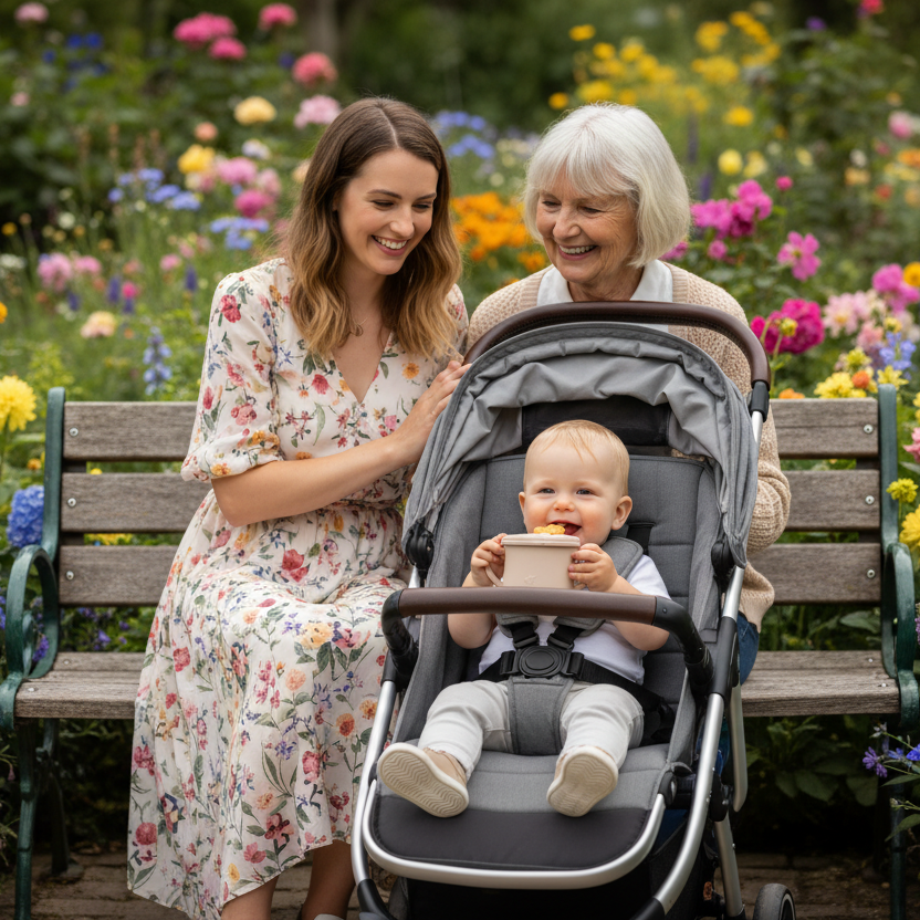 Promenade au jardin floralie avec maman et mamie Théo dans sa poussette heureux mange sa collation sortie de son pot 
