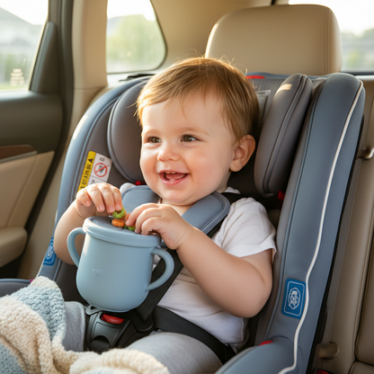 Bébé dans son siège d'auto mange sa collation proprement avec ce pot  de conservation pratique
