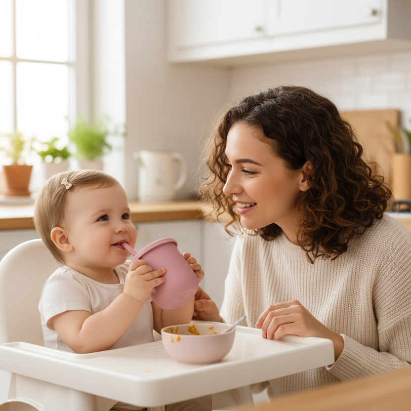 bébé buvant son lait dans sa chaise haute maman près d'elle