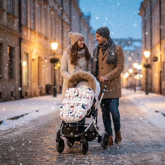Promenade hivernale en ville avec bébé bien protéger dans sa chancelière motif fleurie