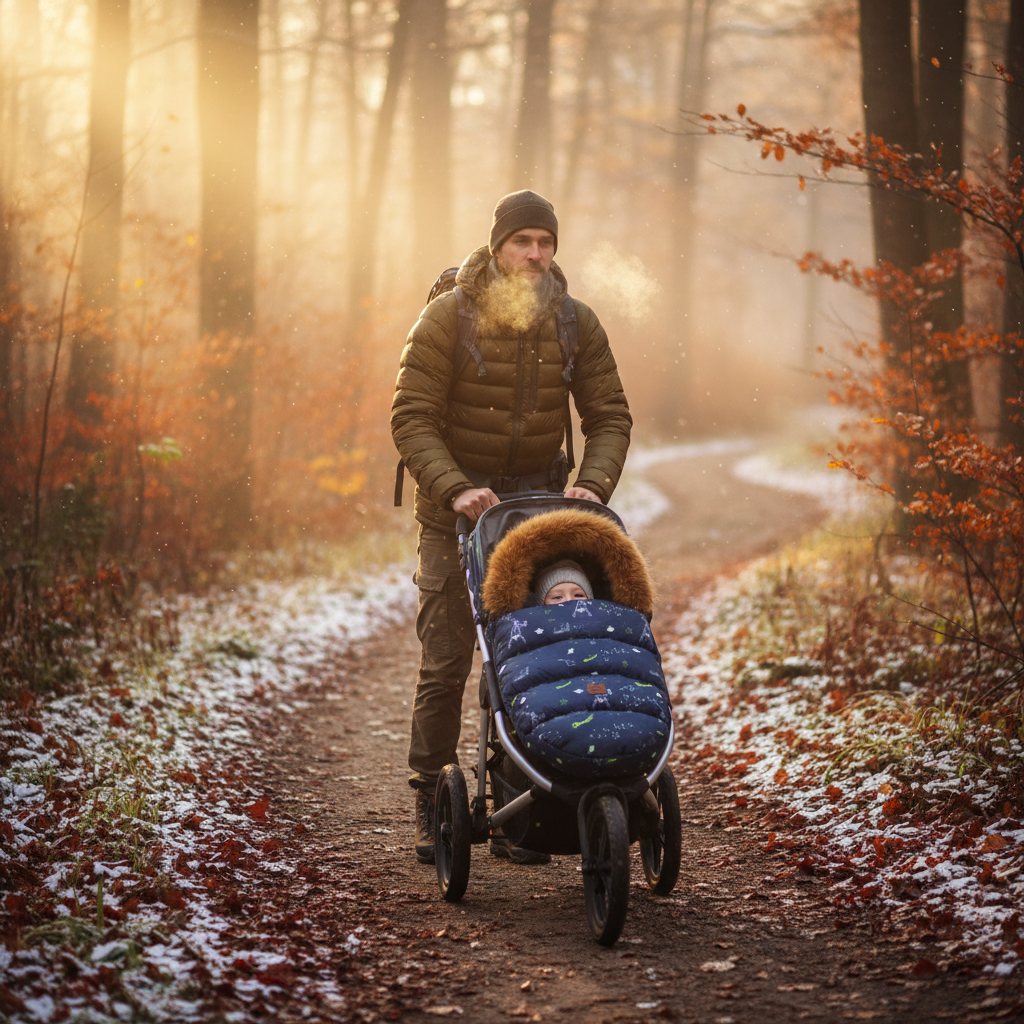 Randonnée hivernale Papa avec bébé sur les sentiers fin d' automne