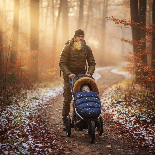 Randonnée hivernale Papa avec bébé sur les sentiers fin d' automne
