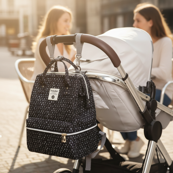 Sac à dos à langer accroché à la poussette — terrasse